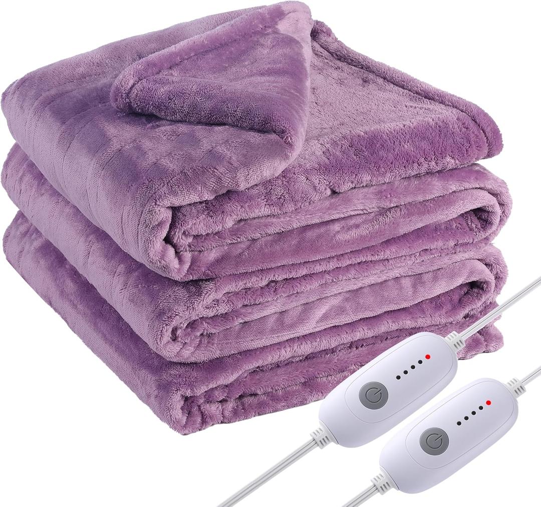 Electric Heated Blanket Queen Size 84"x90", Soft Plush Microplush for Bed, Dual Controllers & Heating Zones, 10Hs Auto Off & 5 Heating Levels, Machine Washable, Gifts for Family-Light Purple