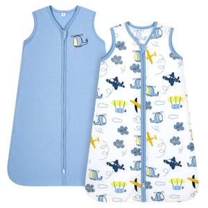 TILLYOU 2 Pack Infant Sleep Sack 0-6 Months 100% Cotton Wearable Blanket 0.5 TOG Sleeveless Summer Sleep Sacks with 2-Way Zipper, Sky Adventure & Sky Blue (Small)