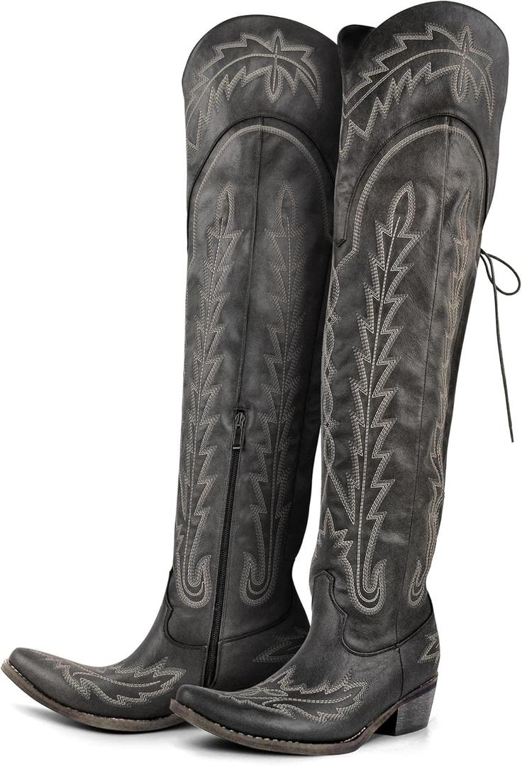 MissHeel Over the Knee Cowboy Boots for Women Adjustable Thigh High Cowgirl Boots (6, Black)