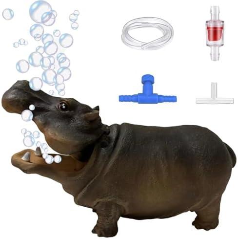 Flitsvuur Fish Tank Bubbler Decorations Aquarium Ornament Kit with Air Stone Pump - Hippo Aquarium Decor (9.8ft Tube)