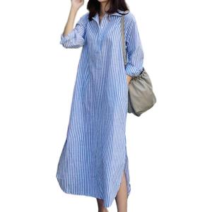 chouyatou Women Casual Long Sleeve V Neck Striped Shift Dress Loose Long Maxi Cotton Shirt Dress with Pocket (Medium, Blue)