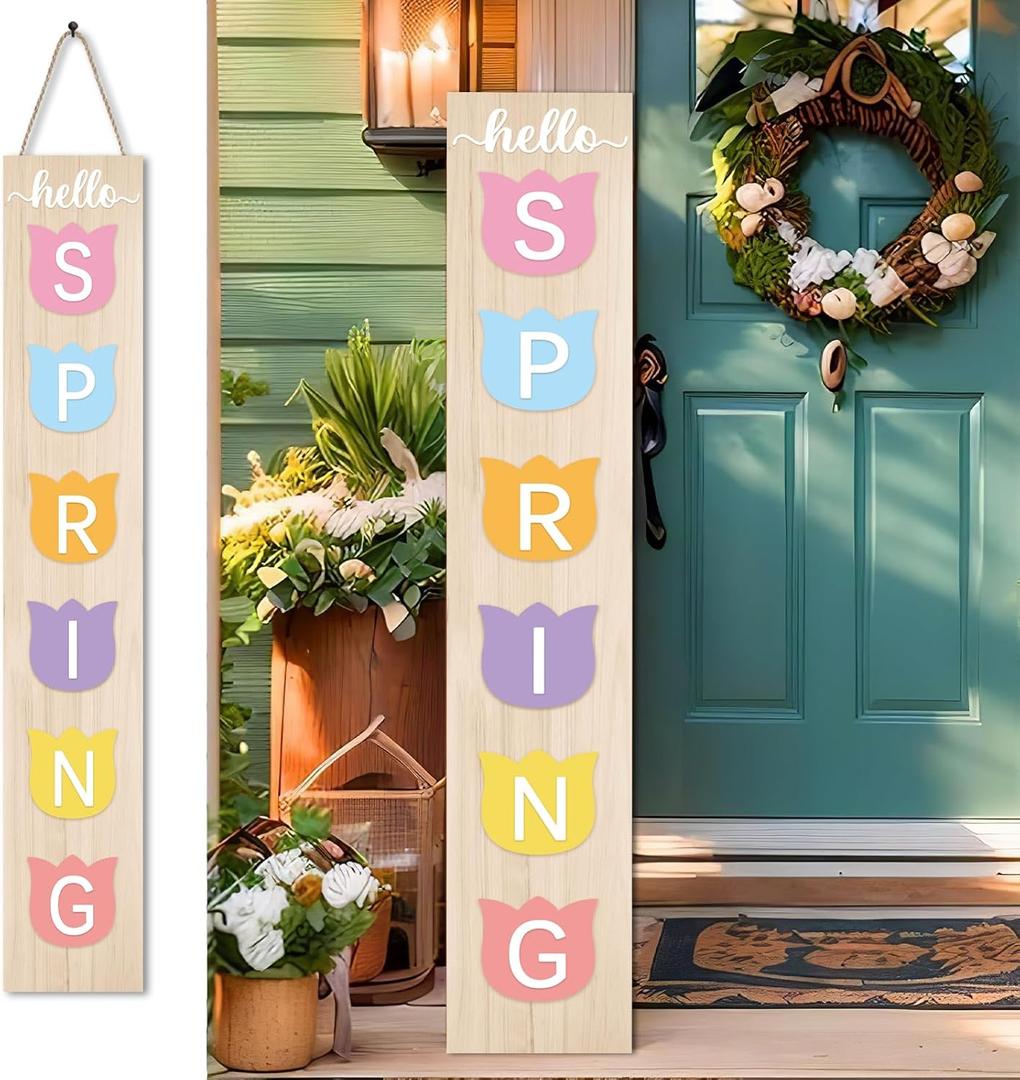 Spring Wooden Porch Sign 45.2"H Spring Welcome Signs Flower Outdoor Decor for Spring Front Porch Decorations (Flower)