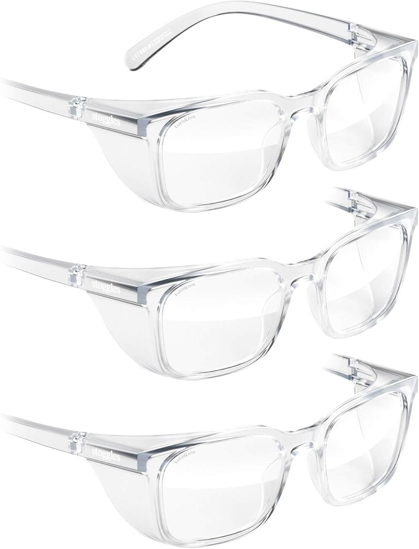 Stoggles Rectangle Z87.1 Certified Safety Glasses, Blue-Light, UV Blocking Lens, Top & Side Shield, Anti-Fog, Stylish Eyewear (Medium Standard Fit, Clear 3-pack)