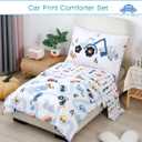 PERFEMET Car Toddler Bedding Kids 4 Pieces Bed in A Bag for Boys Vehicles Truck Toddler Girl Comforter Sets with Bed Sheets Modern Bedroom Collection, White