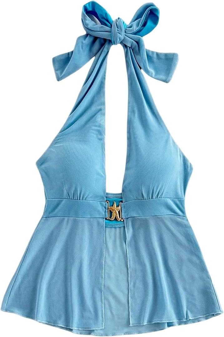 Milumia Women's Starfish Decor Backless Halter Top Tie Backless Sleeveless Split Hem Tank Tops (Blue, S)