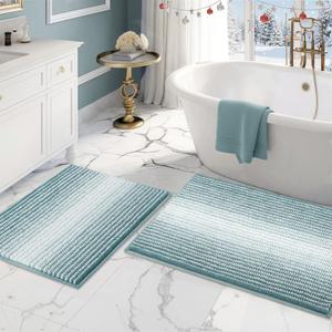 BSICPRO Bathroom Rugs and Mats Sets, 2 Piece Thick Absorbent Chenille Bath Mat Rug Set Non Slip, Soft Shaggy Bath Room Floor Mats for Bathroom, Machine Washable (Sea Green, 20" x 32" Plus 16" x 24")
