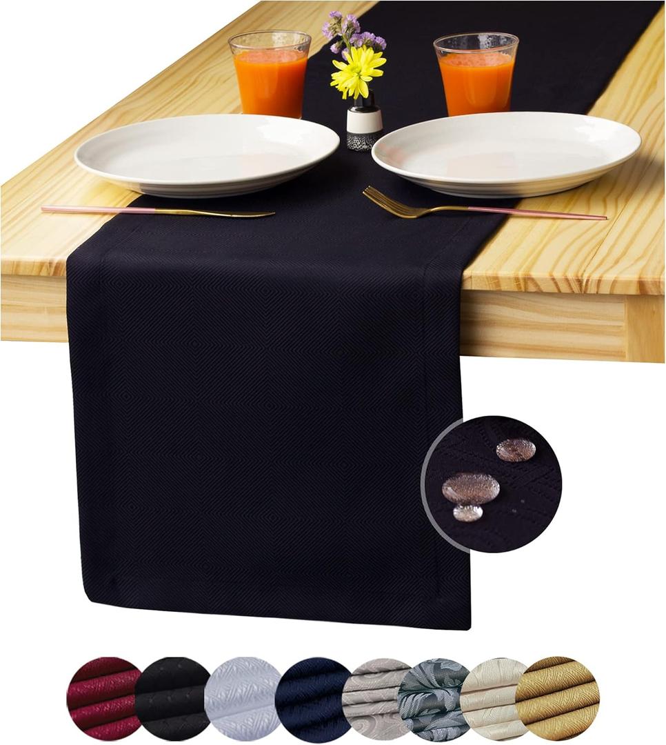 Black Table Runner 108 inch, Outdoor Dining Table Runners, Waterproof Long Dresser Scarf, Wrinkle-Free Coffee Table Runner, Geometric Decor for Nightstand, End Table, Dinner Parties, Wedding (Black Square Pattern)
