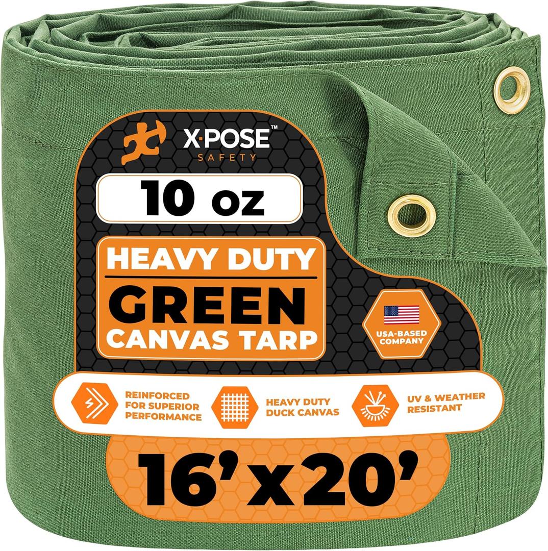 Xpose Safety Canvas Tarp - 10oz Green Canvas Tarps Heavy Duty Water Resistant with Brass Grommets- Multipurpose Outdoor Tarpaulin for Camping, Canopy, Trailer, Equipment Cover 16' x 20'