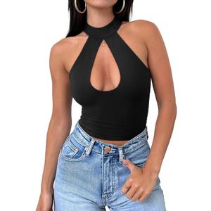REORIA Women's Sexy Criss Cross Halter Neck Crop Tops Trendy Sleeveless Y2K Nightout Clubwear Going Out Tops (Medium, Black)