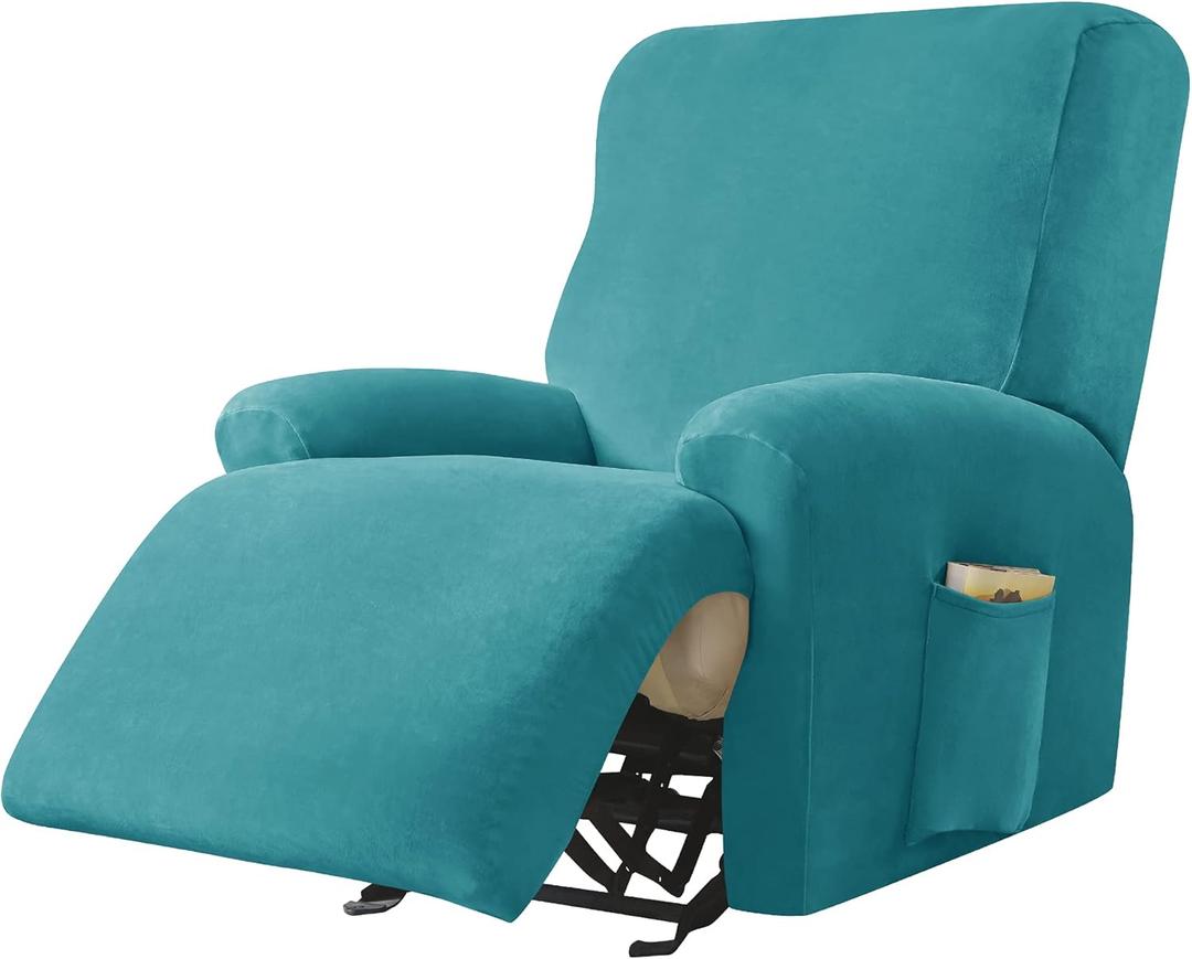CONRUSER Recliner Chair Covers, 4-Piece Velvet Stretch Recliner Slipcover Single Seat Couch Cover Soft Furniture Protector with Pocket (Turquoise)