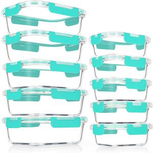 VERONES 10Pack Glass Meal Prep Containers, Airtight Glass Lunch Containers,Stackable Glass Food Storage Containers Set with Lids,Exclusive of BPA, for Microwave,Oven, Freezer&Dishwasher Friendly,Green