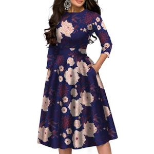 Simple Flavor Women's Floral Vintage Dress Elegant Midi Evening Dress 3/4 Sleeves (Blue, XXL)