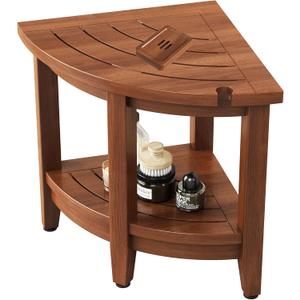 18" Teak Corner Shower Stool, Inside Shower Stool with Storage Shelf, Waterproof Teak Stool for Shaving Legs and to Sit On, 2-Tier Shower Stool,Adjustable Feet, Non-Slip, Brown
