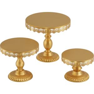 3 PCS Gold Cake Stands (8"&10"&12" Plate), Cupcake Stand With a lace hollow border Metal Cake Stand Set for Birthday Party, Wedding, Anniversary, Baby Shower