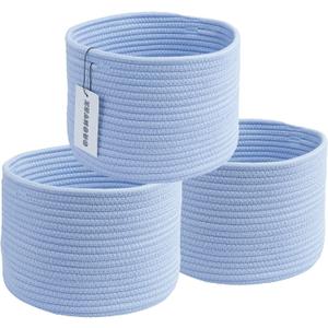 XUANGUO Woven Cotton Storage Baskets - 3-Pack Round Bins (10x10x7'') for Shelves, Closets & Bookcases | Durable Rope Organizers for Nursery, Baby, Toys, Easter & More (blue)