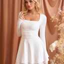 GLNEGE Women's Long Sleeve Square Neck Mini Homecoming Dress A-Line Ruffle Hem Short Party Going Out Dresses (White, L)
