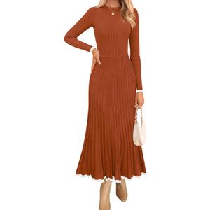 ZESICA Women's Long Sleeve Sweater Dress Fall 2026 Crewneck Ribbed Knit Pleated A-Line Maxi Wedding Guest Dresses (Medium)