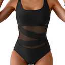 B2prity Women's Mesh One Piece Swimsuit Tummy Control Sexy Bathing Suit Push Up Swim Suit Slimming Swimwear M