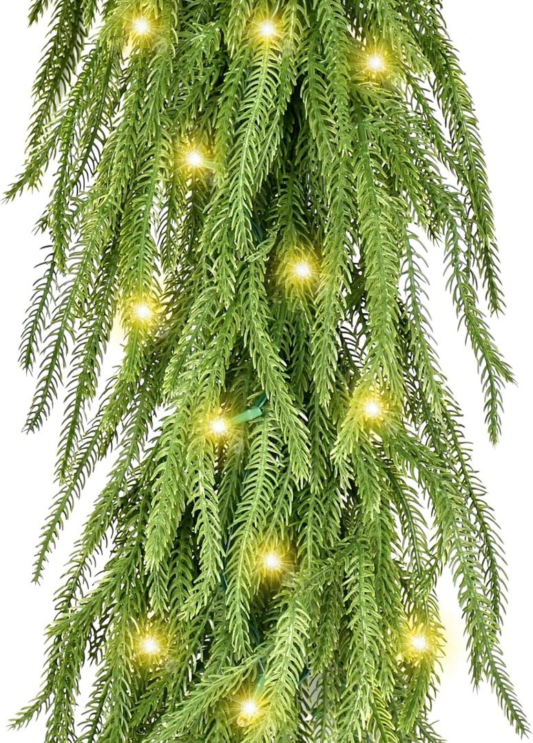 Christmas Garland with Lights for Mantle Prelit - INCIKITI 9FT Norfolk Pine Garland Prelit Garlands for Decoration Christmas, Battery Operated Christmas Garland with Lights for Stairs Railing Table
