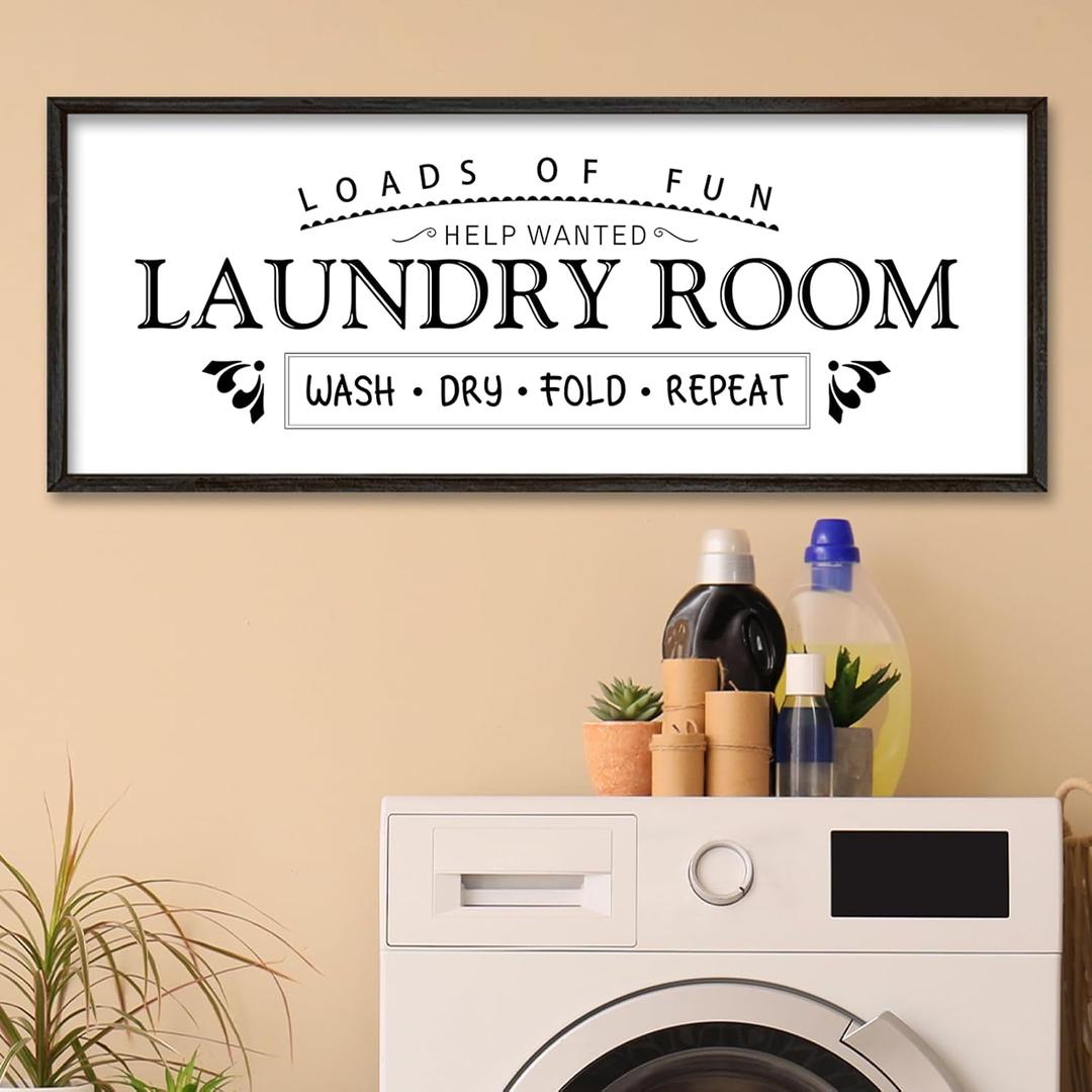 Wash Dry Fold Repeat Wall Decor Art 32"X12" Laundry Room Sign Bathroom Laundry Rules Large Wood Framed Wall Hanging (Black)