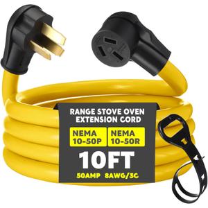 10ft 10-50 50Amp Extension Cord Compatible with NEMA 10-50 Male Plug to 10-50 Female Receptacle, 50 A 3 Prong Electric Range Oven Stove Extension Power Cord, STW 8 AWG/3C Gauge, 250V, 12500W
