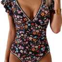 Aidonger Women's One Piece Ruffle Swimsuit Tummy Control Bathing Suit V Neck Shell Stitched Swim Suit Slimming Swimwear L