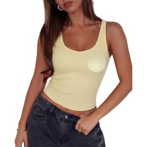 SUUKSESS Women Padded Cotton Ribbed V Neck Tank Top Summer Basic Going Out Tops (Yellow, L)