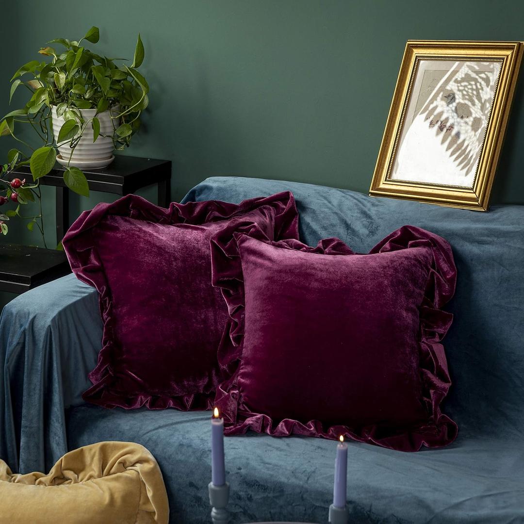 Velvet Throw Pillow Cover Soft Decorative Luxurious Solid Square Cushion Case for Sofa Couch Bedroom Farmhouse,Pack of 2, 18 x 18 Inches, Amaranth