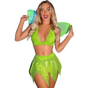 Kaei&Shi Sexy Fairy Halloween Costumes For Women, Butterfly Wings Cosplay Rave Outfits, 3 Piece Skirt Lingerie Set Boudoir (00-0, Lime Green)