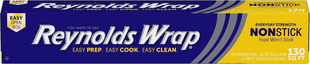 Reynolds Wrap Non Stick Aluminum Foil, Nonstick Aluminum Foil Roll, Prevents Food Sticking and Messy Cleanup, Great for Covering Casseroles and leftovers, 43.33 Yards x 12 Inches, 130 Sq.Ft.