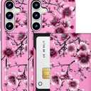 Compatible for Samsung Galaxy S24 / S25 Case with Card Holder Cute - Kawaii Design Military-Grade Drop Protection Rugged Wallet Cases for Women (Pink Cherry Flower Blossom)