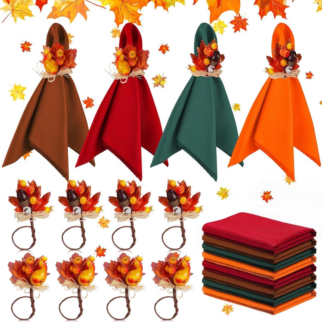 16 Pcs Fall Thanksgiving Napkin Ring Set 8 Pcs Napkin Rings and 8 Pcs Washable Thanksgiving Dinner Napkins for Fall Party Holiday Kitchen Table Decoration for Autumn Party Supplies (Cute Plant)