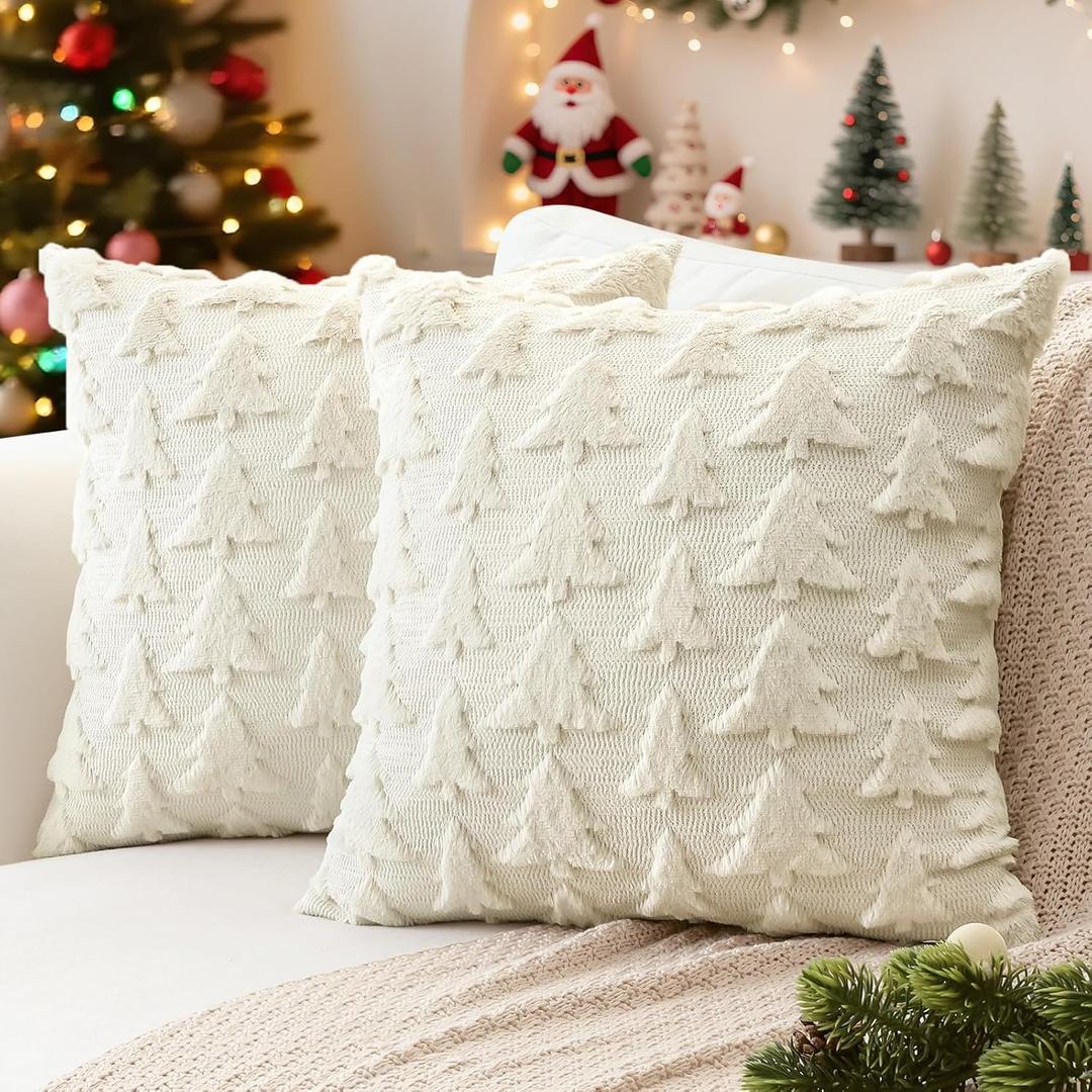 Artscope Christmas Tree Pillow Covers 16x16 Set of 2 Decorative Winter Holiday Throw Pillow Cases Soft Plush Faux Fur Velve Couch Cushion Case for Christmas Sofa Bed Room Home Decor-Beige