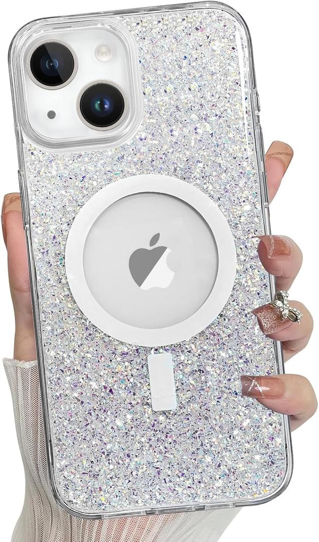 Bonoma for iPhone 15 Plus Case Sparkly Glitter Bling Back, Magnetic Support for MagSafe Shockproof, Crystal and Clear High-Duty Protection for Girls Women-Glitter Crystal