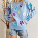 Flower Sweaters for Women Floral Print Pullover Cozy Knit Sweater Crewneck Long Sleeve Shirts Cute Outfits Tops (Blue, L)