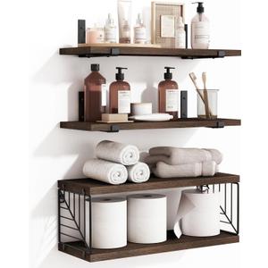 Fixwal Bathroom Floating Shelves Over Toilet, 15.8in Farmhouse Rustic Wood Shelves, Wall Decor for Bathroom, Living Room, Bedroom and Kitchen (3 Plus 1 Tier Dark Brown)