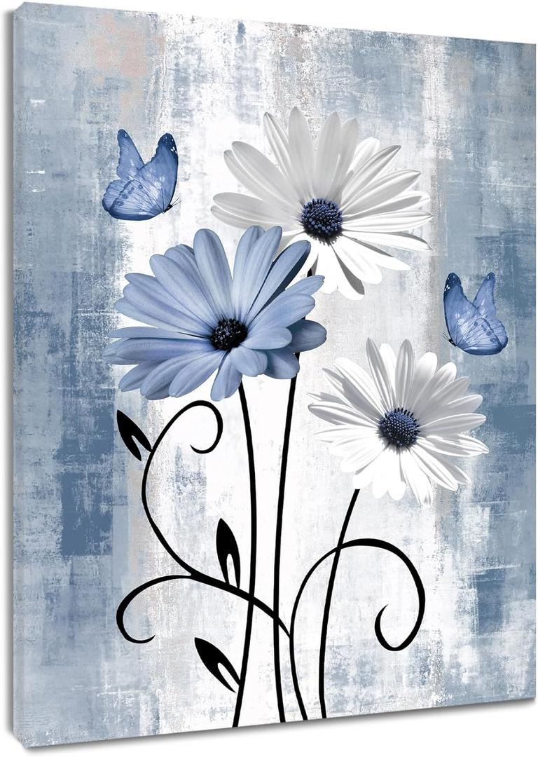 MYUSRE Farmhouse Blue Floral Wall Art for Living Room, Blue and White Daisy Butterfly on Abstract Geometric Canvas Wall Art Country Flower Pictures for Bedroom Bathroom Home Decor, 16L X 12W inches