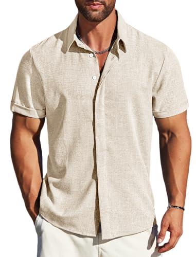 MAPICK Mens Shirts – Linen Short Sleeve Button Down Lightweight Breathable Summer Business Casual, Beach & Wedding Guest Beige, Medium