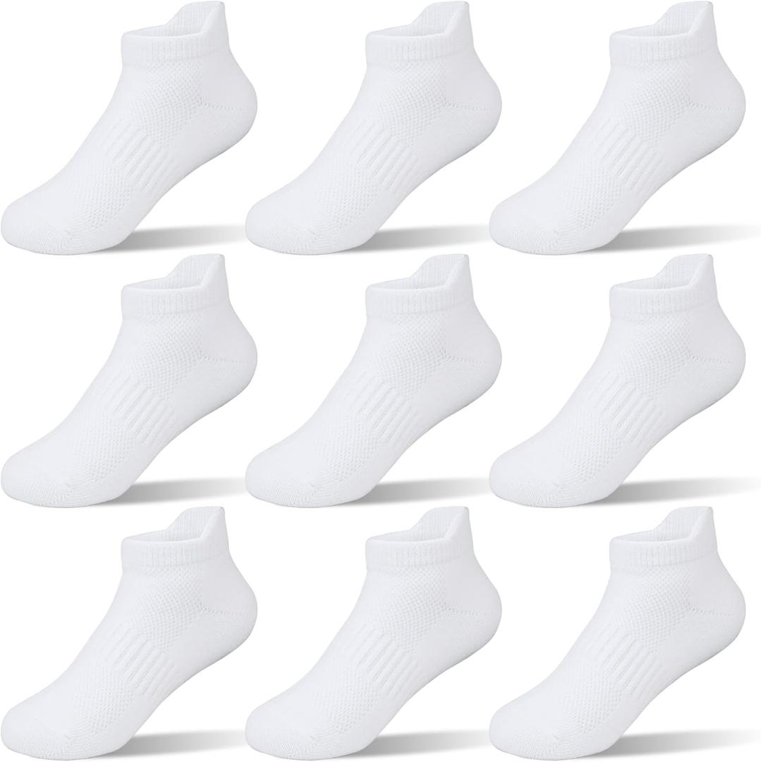Boys Girls Ankle Socks: 9 Pairs Cotton Athletic Socks for Kids (3-5T, C01-white)