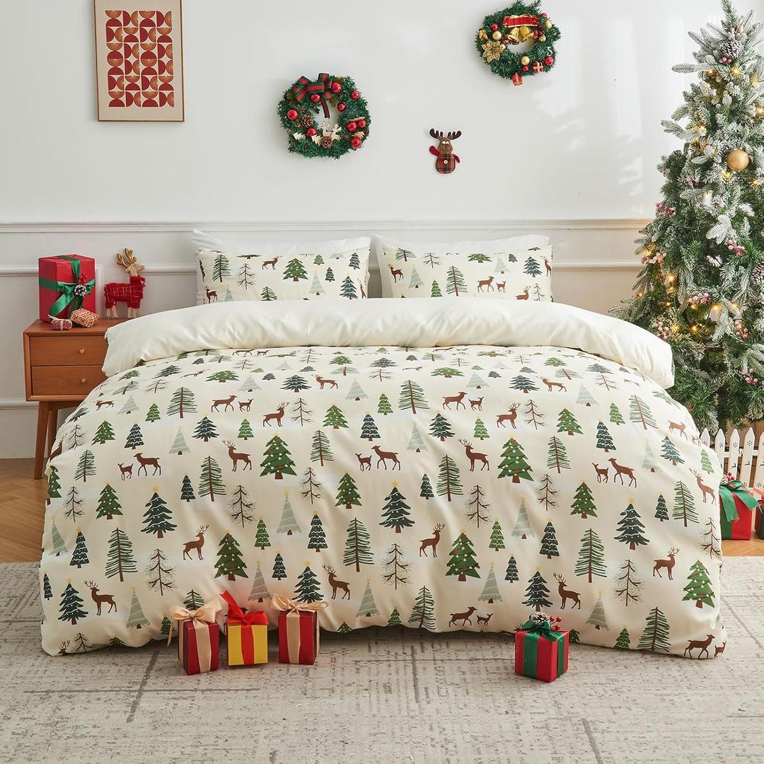 Gogreen Queen Christmas Duvet Cover Floral, Soft & Breathable Microfiber 3 Pieces Queen Bedding Sets, Pattern Queen Comfy Duvet Cover, with Zipper Closure (Christmas Deer)