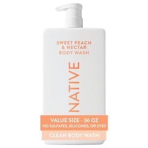 Native Body Wash for Women & Men, Sweet Peach & Nectar, 36 oz Pump Bottle, Sulfate-Free & Gentle
