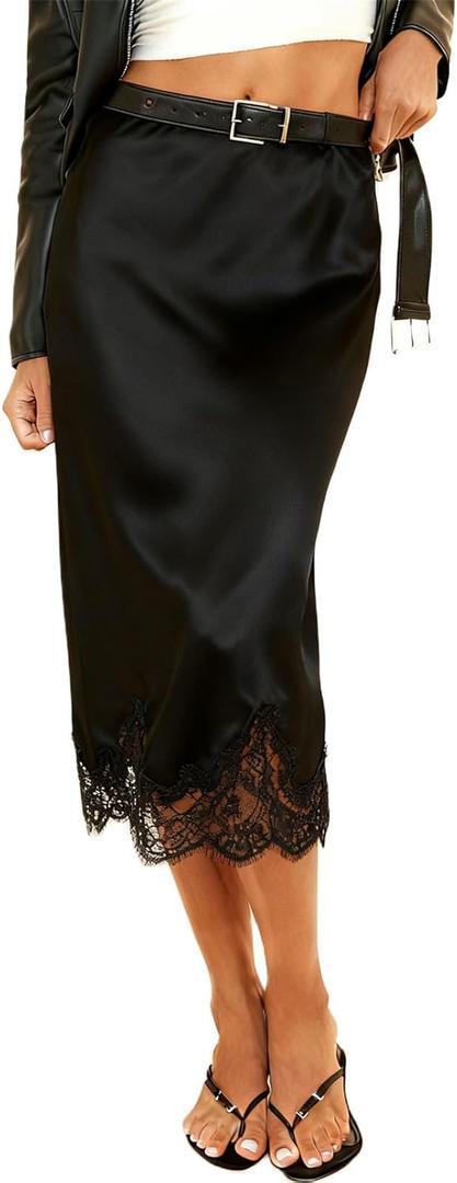 Women Lace Trim Satin Skirt Elegant Silky A Line Flowy Midi Long Skirt Y2k Sexy Elastic Rise Half Slip Underskirt (Medium)