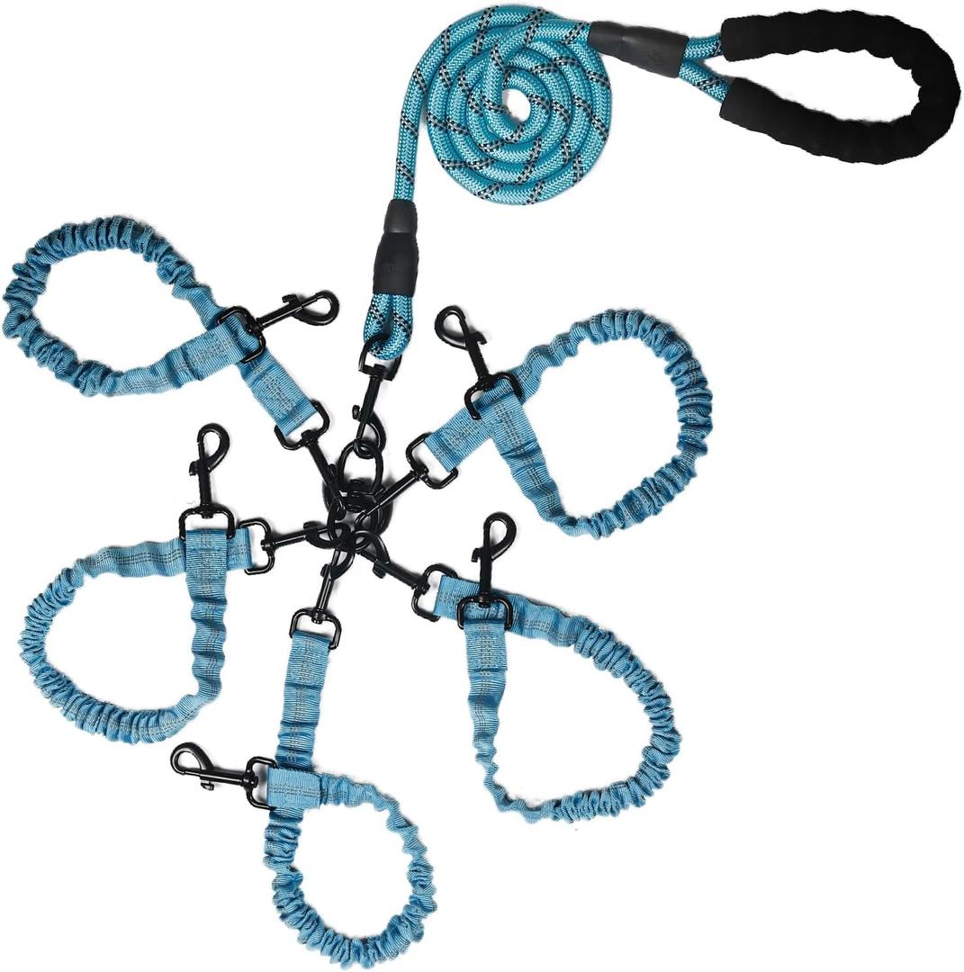 Dog Double Leashes,Rope Bungee Three Leash with Padded Handle Removable for 3 Dogs,Tangle-Free, Padded Handles, 360 Swivel Control (Blue, 5 Way)
