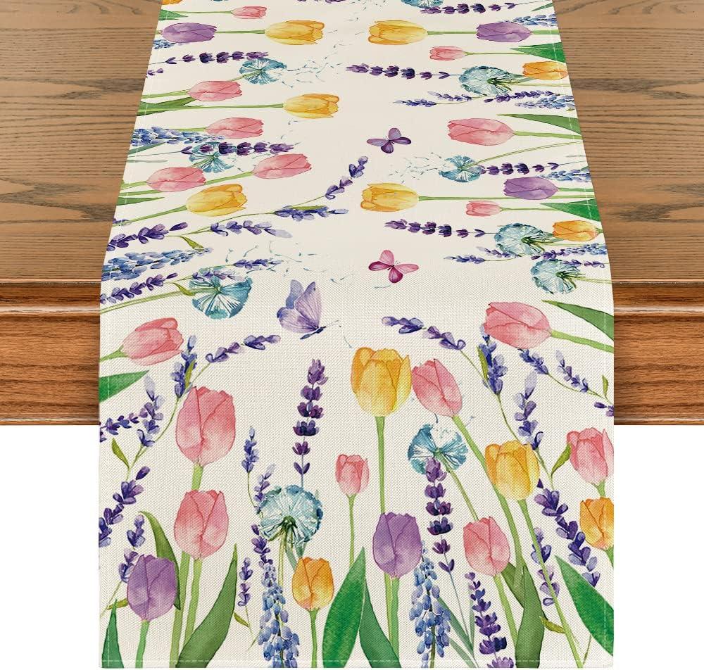 Artoid Mode Tulip Lavender Spring Table Runner, Seasonal Summer Kitchen Dining Table Decoration for Home Party Decor 13x108 Inch (13" x 108", Table Runner)