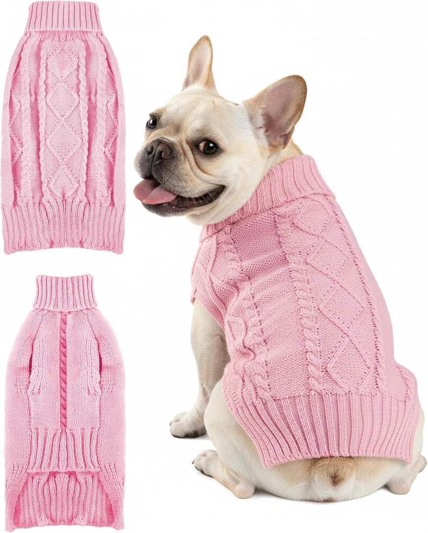 Dog Sweaters for Small Medium Large Dogs Cats, Soft Warm Turtleneck Pullover Solid Cable Knit Fleece Stretch Pet Clothes,Classic Fuzzy Coat for Puppy Girl Boys for Fall Winter Cold Weather (Pink.)