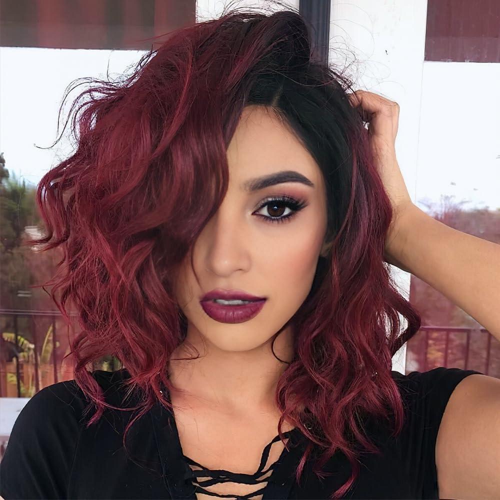 SEVENCOLORS Short Burgundy Curly Wigs for Black Women Natural Wavy Ombre Red Wig Synthetic Hair Shoulder Length Bob Wigs