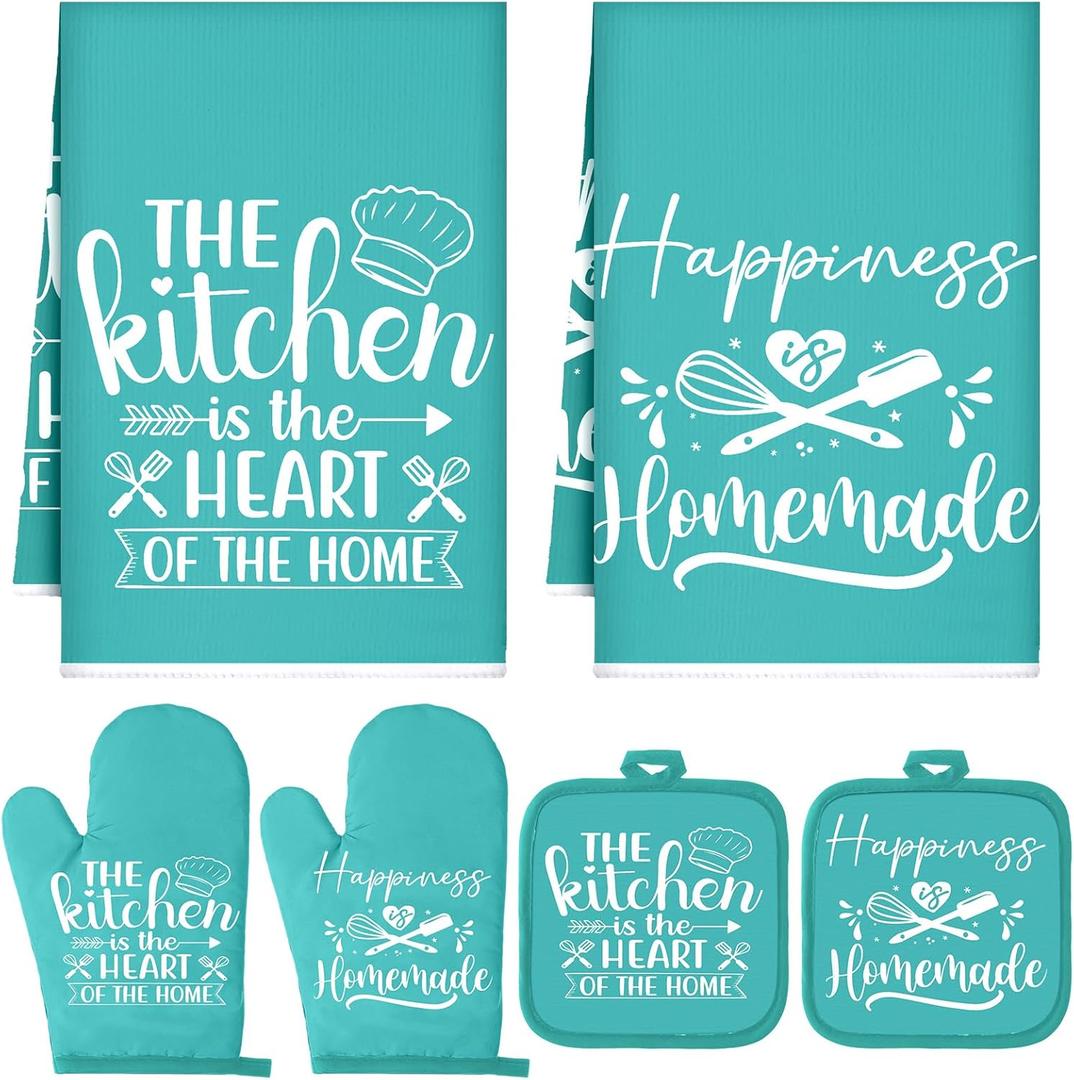 Sratte 6 Pcs Kitchen Decor Accessories Set Farmhouse Towels Pot Holders Oven Mitts Set 2 Dish Towels 2 Potholders 2 Cooking Mittens Oven Glove for Christmas Baking Cooking Supply(Light Teal,Kitchen)