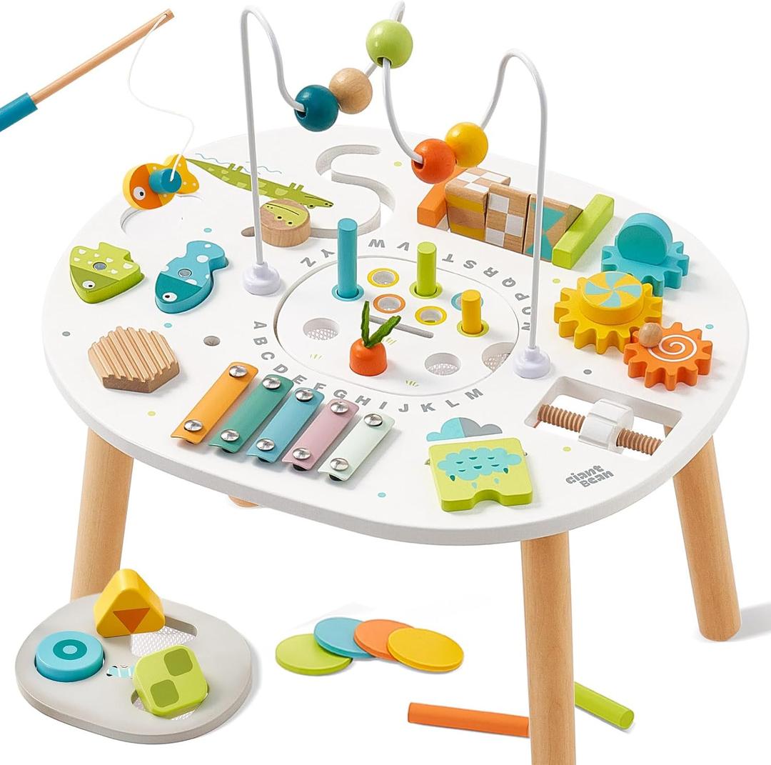 Giant bean Wooden Activity Table for 1 Year Old, 11-in-1 Montessori Learning Table with Bead Maze, Shape Sorter, Fishing Game & More  Sensory Development Toy for Toddlers, Ideal 1st Birthday Gift