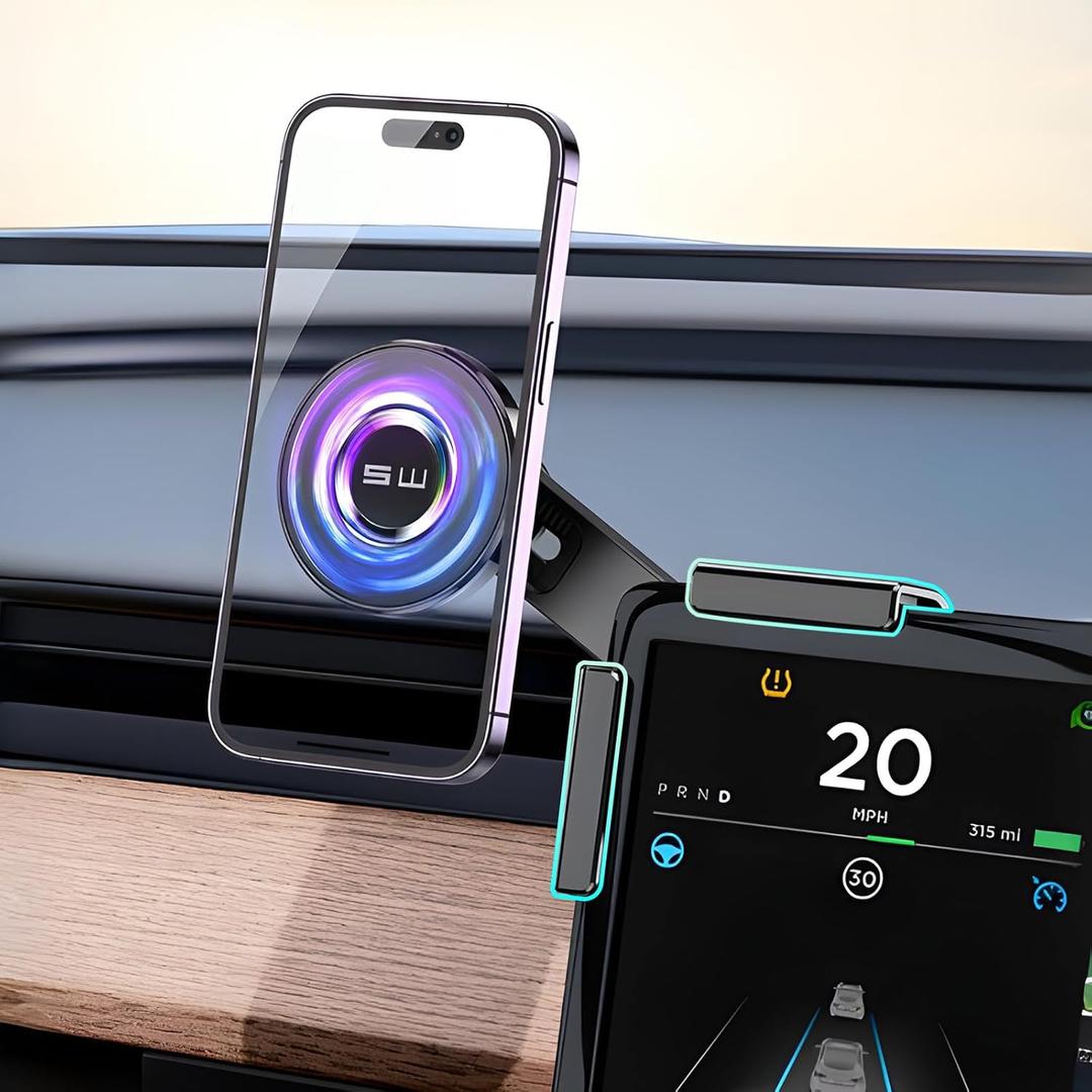 CARFIB Car Phone Mount fit for Tesla Model Y Model 3 Accessories Strong Magnet Screen Phone Holder Adjustable fit for iPhone and Other Phones with Magsafe Magnetic Ring