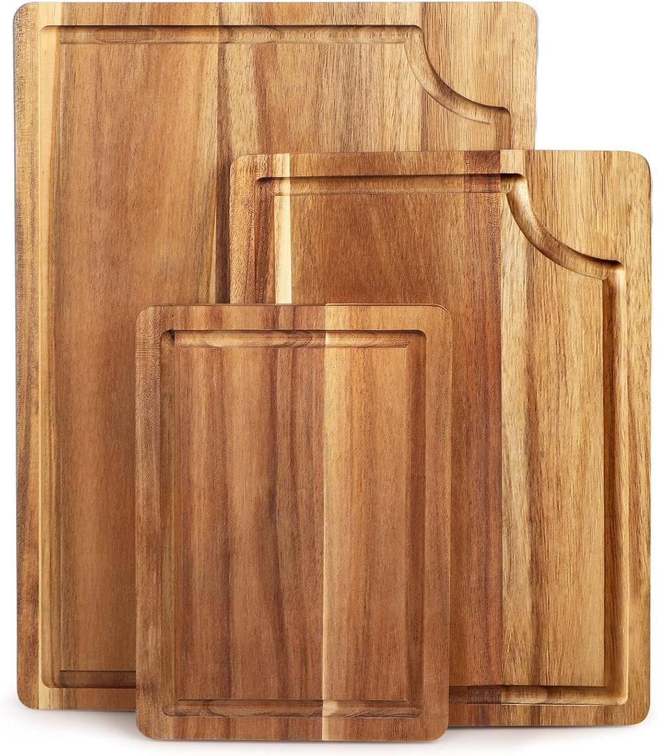 Acacia Wood Cutting Board Set with Juice Groove (3 Pieces), Organic Wooden Cutting Boards for kitchen, Butcher Block Cutting Board for Meat, Vegetable, Wooden Chopping Board 15x10, 12x8, 9x6 inch (Light Brown)